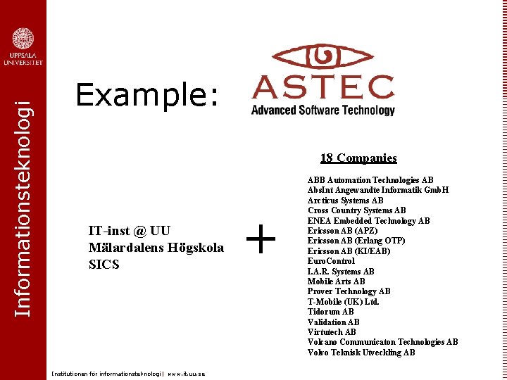 Informationsteknologi Example: 18 Companies IT-inst @ UU Mälardalens Högskola SICS Institutionen för informationsteknologi |