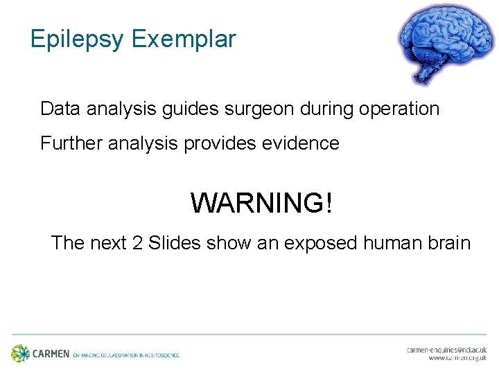 Epilepsy Exemplar Data analysis guides surgeon during operation Further analysis provides evidence WARNING! The