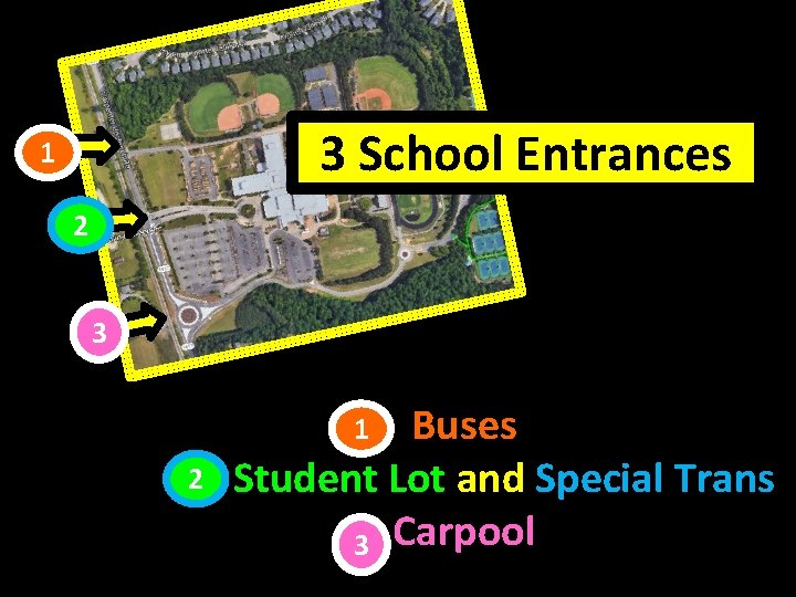 3 School Entrances 1 2 3 Buses Student Lot and Special Trans 3 Carpool
