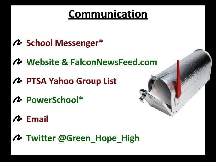 Communication School Messenger* Website & Falcon. News. Feed. com PTSA Yahoo Group List Power.