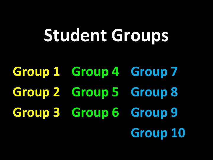 Student Groups Group 1 Group 4 Group 7 Group 2 Group 5 Group 8