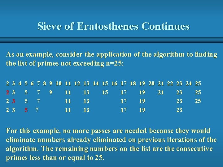 Sieve of Eratosthenes Continues As an example, consider the application of the algorithm to