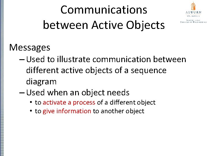 Communications between Active Objects Messages – Used to illustrate communication between different active objects