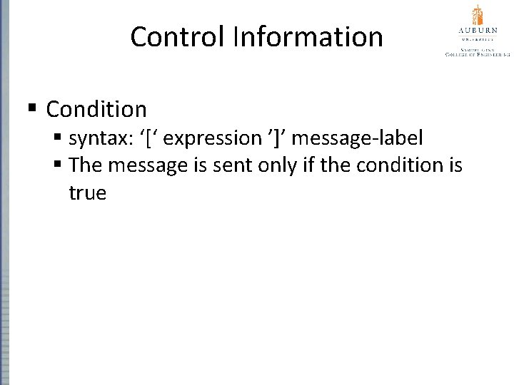 Control Information § Condition § syntax: ‘[‘ expression ’]’ message-label § The message is