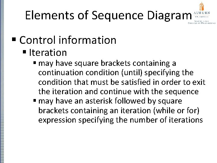 Elements of Sequence Diagram § Control information § Iteration § may have square brackets