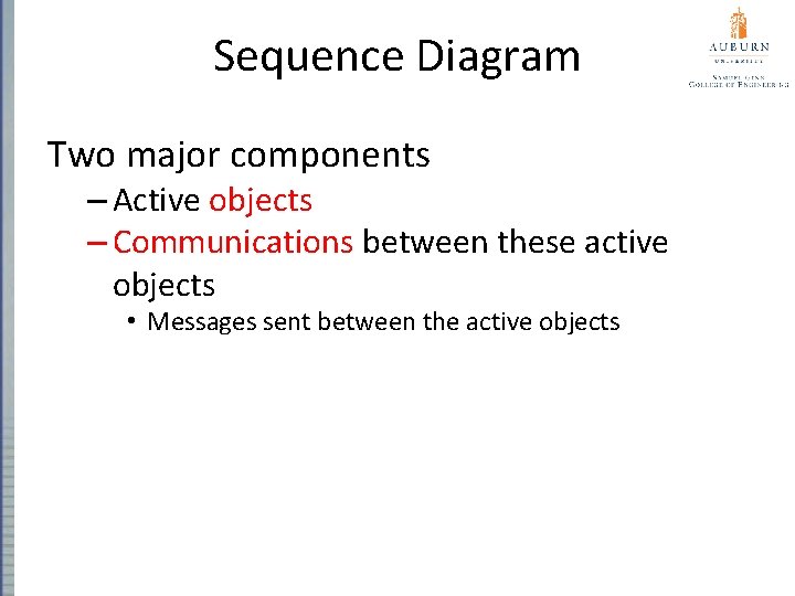 Sequence Diagram Two major components – Active objects – Communications between these active objects