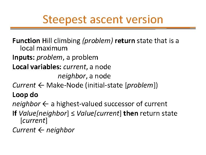 Steepest ascent version Function Hill climbing (problem) return state that is a local maximum