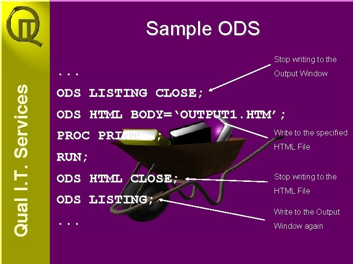 Sample ODS Stop writing to the . . . Output Window ODS LISTING CLOSE; Sample ODS Stop writing to the . . . Output Window ODS LISTING CLOSE;