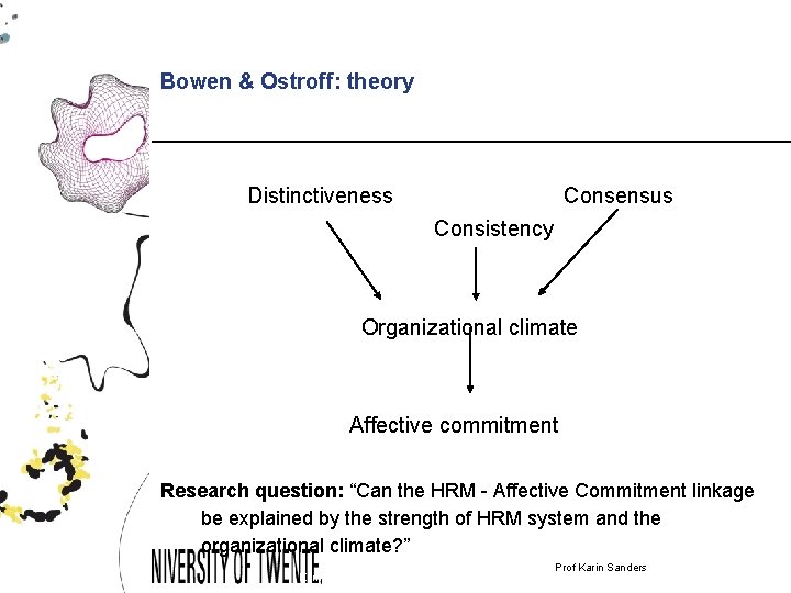 Bowen & Ostroff: theory Distinctiveness Consensus Consistency Organizational climate Affective commitment Research question: “Can
