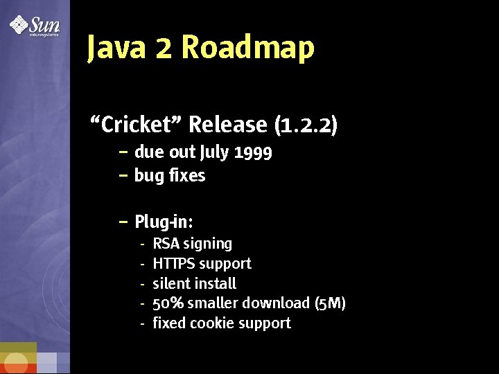 Java 2 Roadmap “Cricket” Release (1. 2. 2) – due out July 1999 –