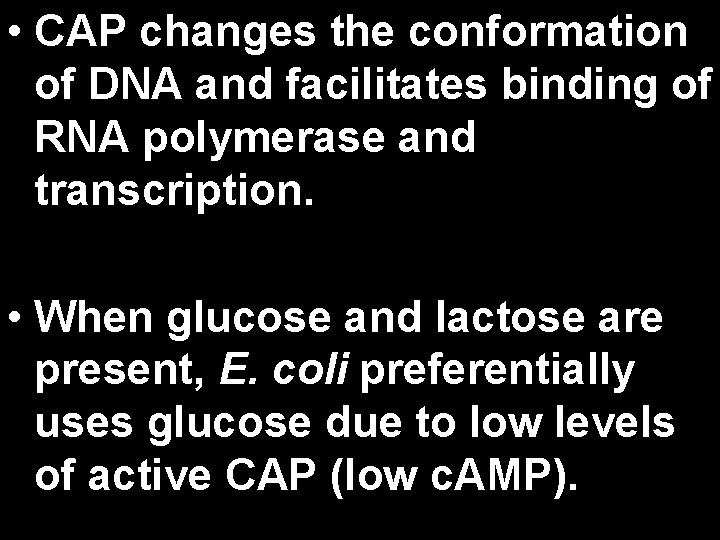  • CAP changes the conformation of DNA and facilitates binding of RNA polymerase