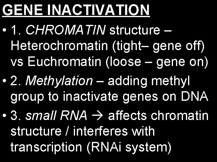 GENE INACTIVATION • 1. CHROMATIN structure – Heterochromatin (tight– gene off) vs Euchromatin (loose