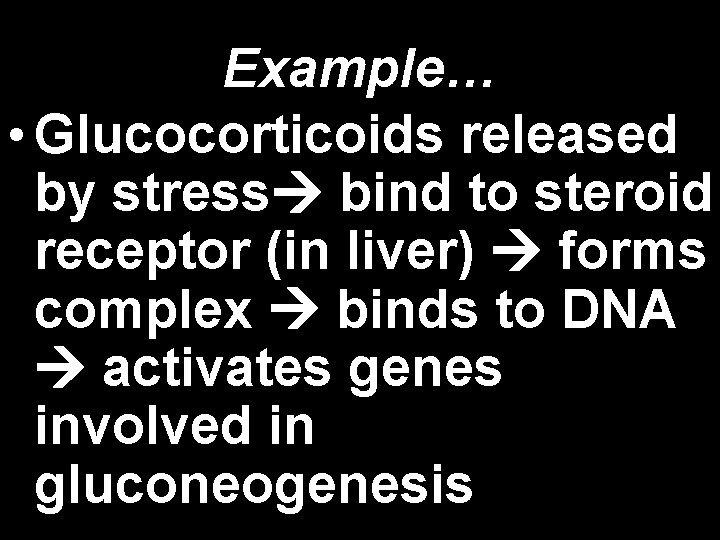 Example… • Glucocorticoids released by stress bind to steroid receptor (in liver) forms complex