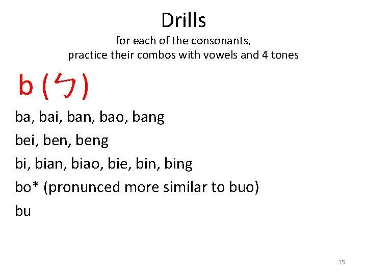 Drills for each of the consonants, practice their combos with vowels and 4 tones