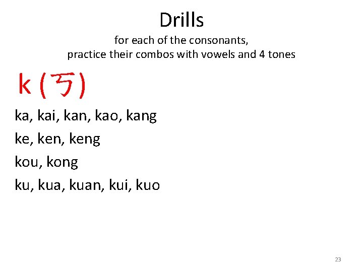 Drills for each of the consonants, practice their combos with vowels and 4 tones