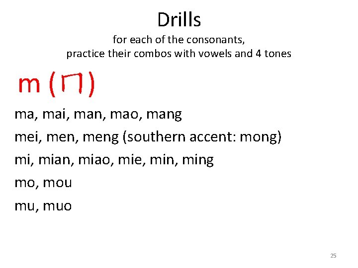 Drills for each of the consonants, practice their combos with vowels and 4 tones