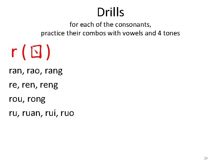 Drills for each of the consonants, practice their combos with vowels and 4 tones