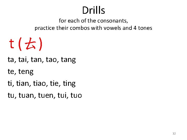 Drills for each of the consonants, practice their combos with vowels and 4 tones