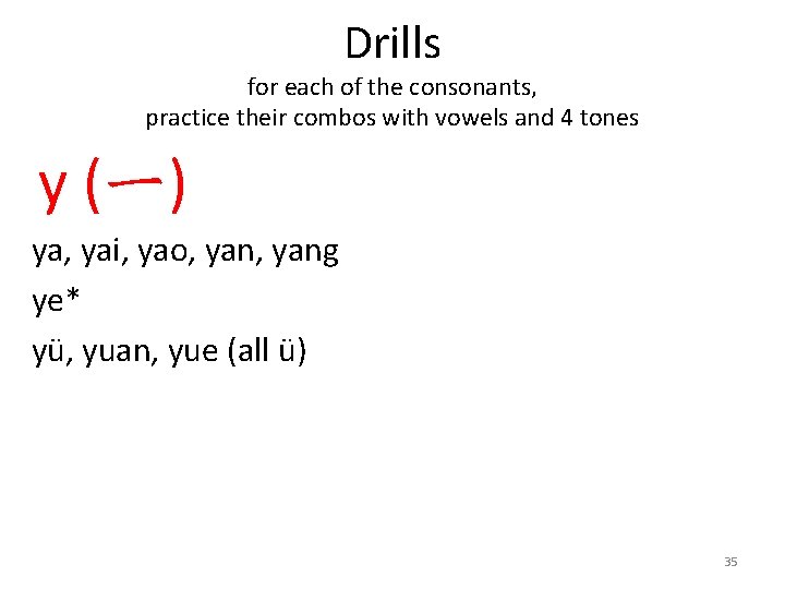 Drills for each of the consonants, practice their combos with vowels and 4 tones