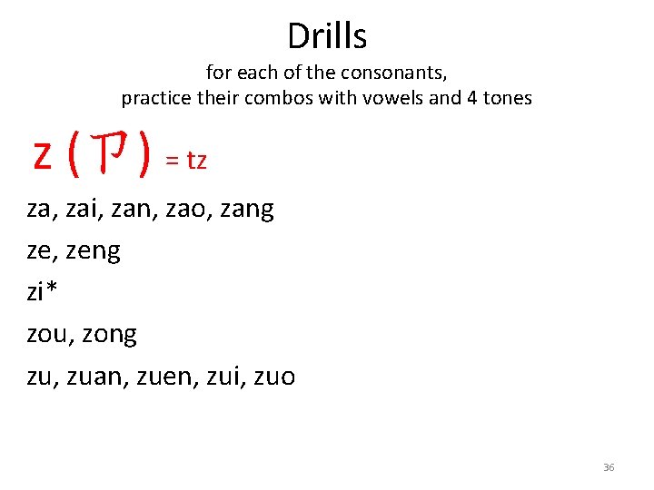 Drills for each of the consonants, practice their combos with vowels and 4 tones