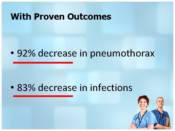 With Proven Outcomes • 92% decrease in pneumothorax • 83% decrease in infections 