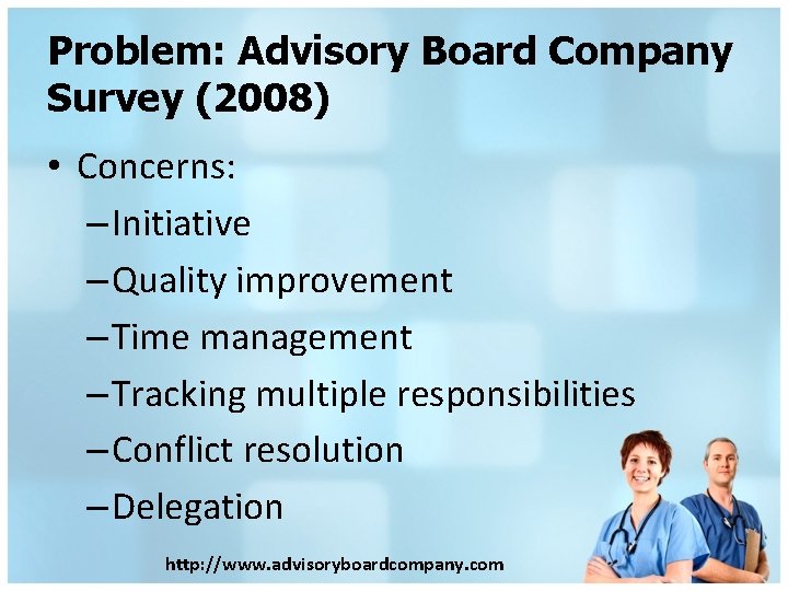 Problem: Advisory Board Company Survey (2008) • Concerns: – Initiative – Quality improvement –