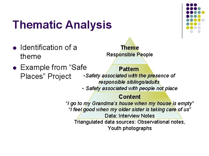 Thematic Analysis l l Theme Identification of a Responsible People theme Example from “Safe