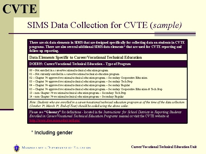 CVTE SIMS Data Collection for CVTE (sample) There are six data elements in SIMS