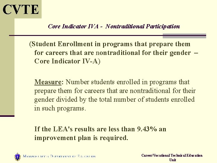 CVTE Core Indicator IVA - Nontraditional Participation (Student Enrollment in programs that prepare them