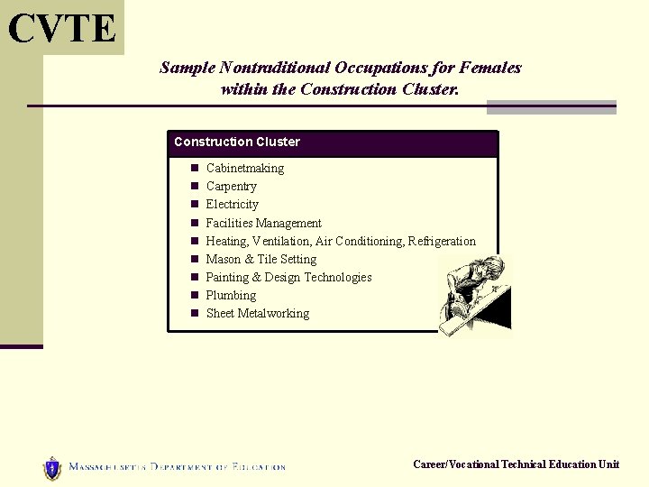 CVTE Sample Nontraditional Occupations for Females within the Construction Cluster n Cabinetmaking n Carpentry