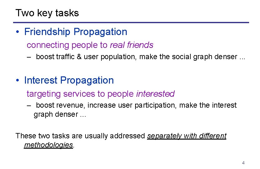 Two key tasks • Friendship Propagation connecting people to real friends – boost traffic
