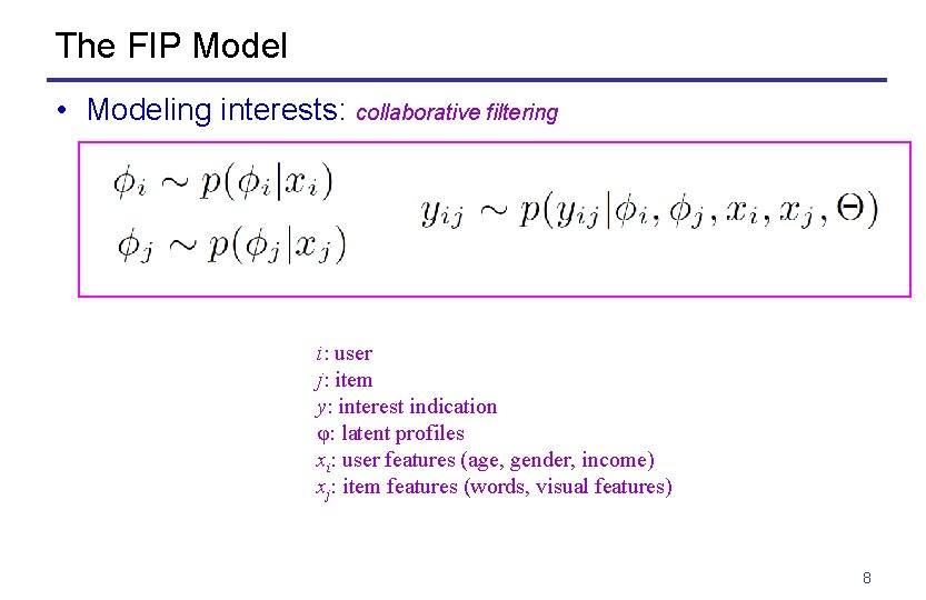 The FIP Model • Modeling interests: collaborative filtering i: user j: item y: interest