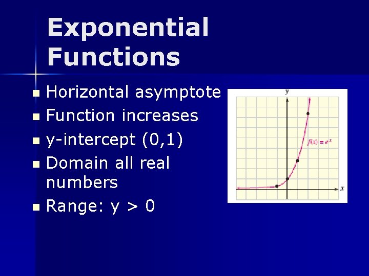 Exponential Functions Horizontal asymptote n Function increases n y-intercept (0, 1) n Domain all