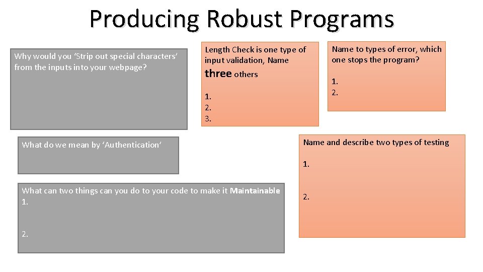 Producing Robust Programs Why would you ‘Strip out special characters’ from the inputs into