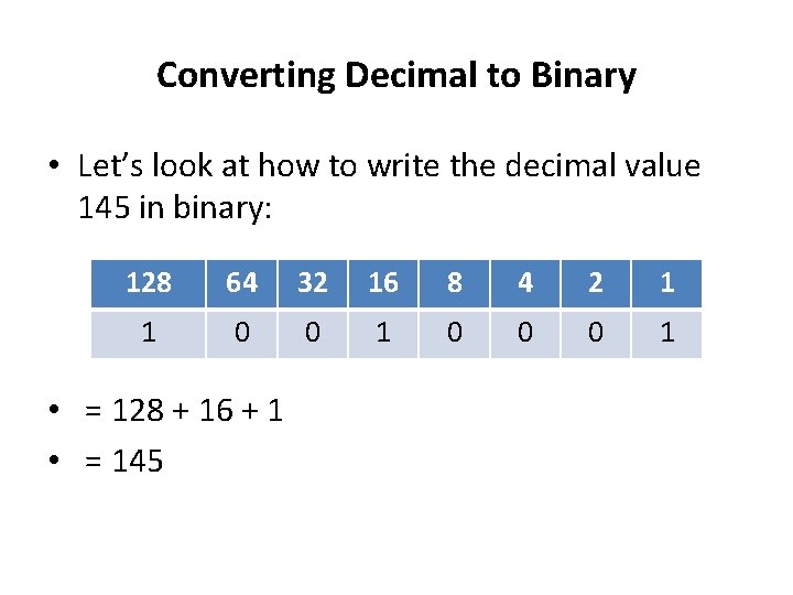 Converting Decimal to Binary • Let’s look at how to write the decimal value