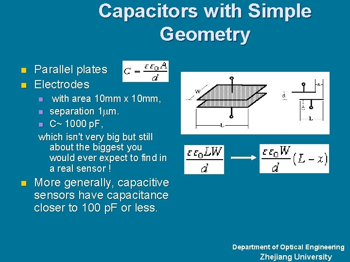 Capacitors with Simple Geometry n n Parallel plates Electrodes with area 10 mm x