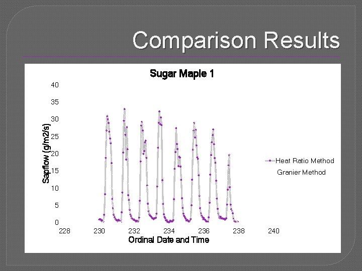 Comparison Results Sugar Maple 1 40 35 Sapflow (g/m 2/s) 30 25 20 Heat