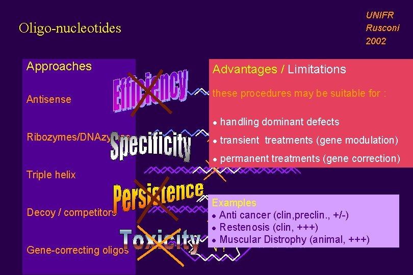 UNIFR Rusconi 2002 Oligo-nucleotides Approaches Antisense Ribozymes/DNAzymes Advantages / Limitations these procedures may be
