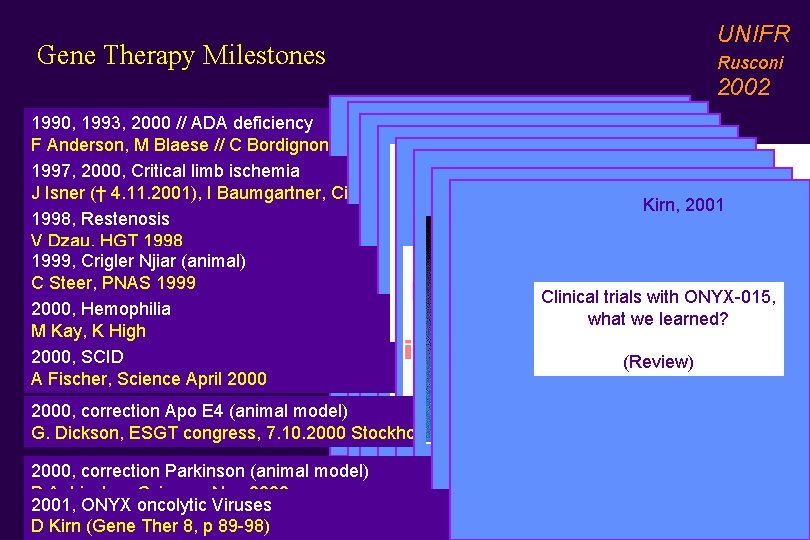 Gene Therapy Milestones UNIFR Rusconi 2002 Anderson, 1990, 1993, 2000 // ADA deficiency Isner,