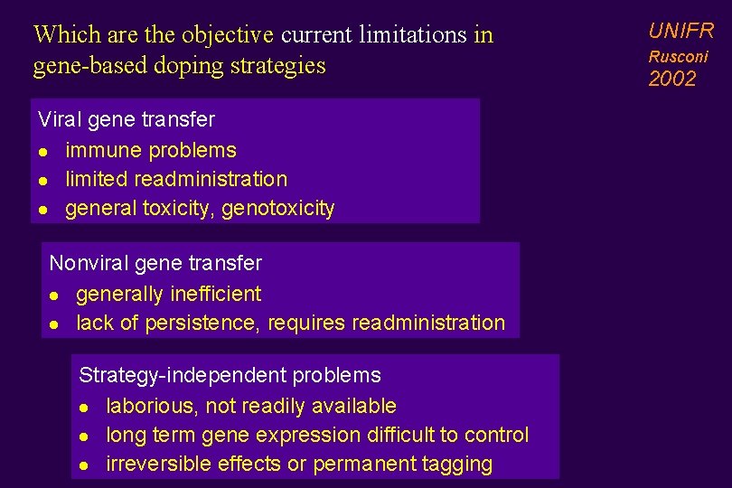 Which are the objective current limitations in gene-based doping strategies Viral gene transfer l