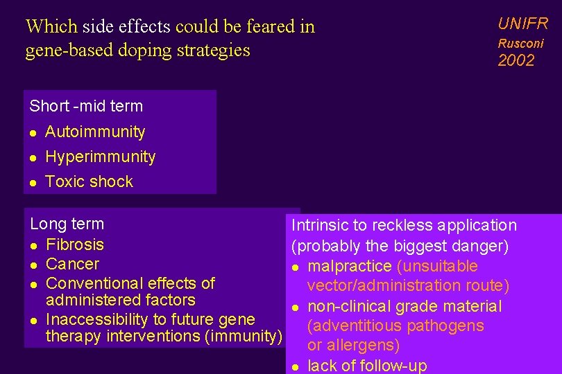 Which side effects could be feared in gene-based doping strategies UNIFR Rusconi 2002 Short