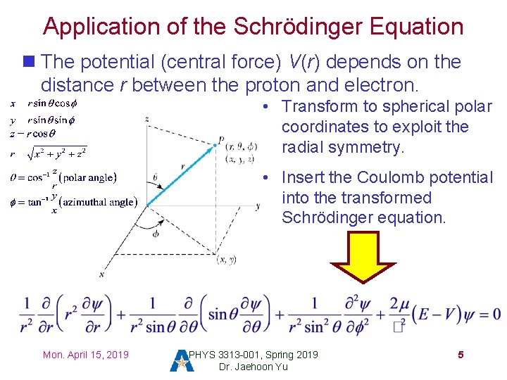 Application of the Schrödinger Equation n The potential (central force) V(r) depends on the Application of the Schrödinger Equation n The potential (central force) V(r) depends on the