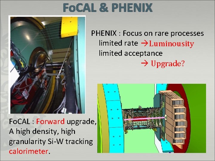 Fo. CAL & PHENIX : Focus on rare processes limited rate Luminousity limited acceptance