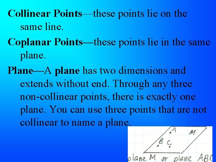 Collinear Points—these points lie on the same line. Coplanar Points—these points lie in the