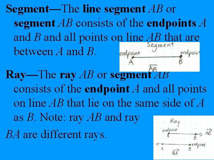 Segment—The line segment AB or segment AB consists of the endpoints A and B