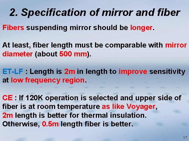 2. Specification of mirror and fiber Fibers suspending mirror should be longer. At least,