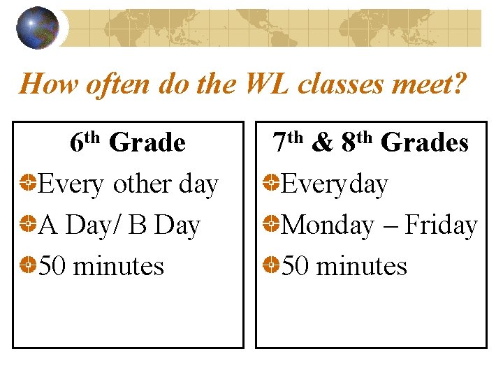 How often do the WL classes meet? 6 th Grade Every other day A