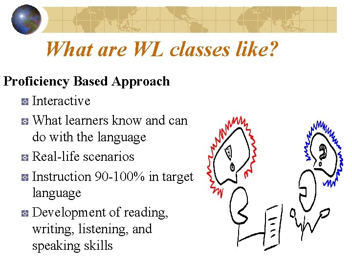 What are WL classes like? Proficiency Based Approach Interactive What learners know and can