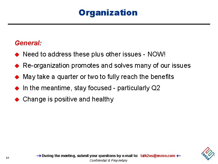Organization General: 31 u Need to address these plus other issues - NOW! u