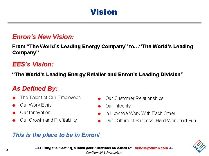 Vision Enron’s New Vision: From “The World’s Leading Energy Company” to…“The World’s Leading Company”